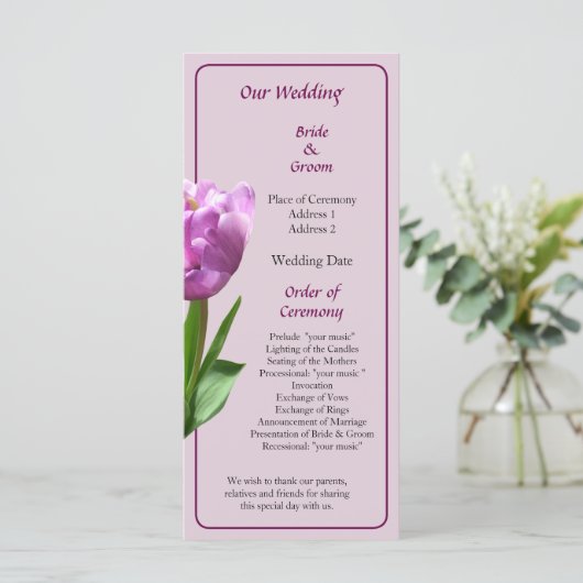 Fancy-roze tulpweddenschap programmakaart (Staand voorkant)