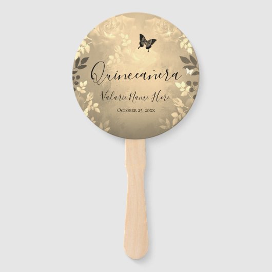 Fancy Rozen Quinceanera Gold Favor Bag Handwaaier (Voorkant)