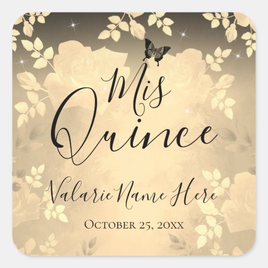 Fancy Rozen Quinceanera Gold Square Sticker (Voorkant)