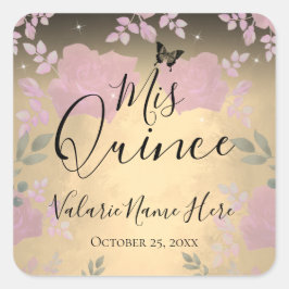 Fancy Rozen Quinceanera Gold Square Sticker