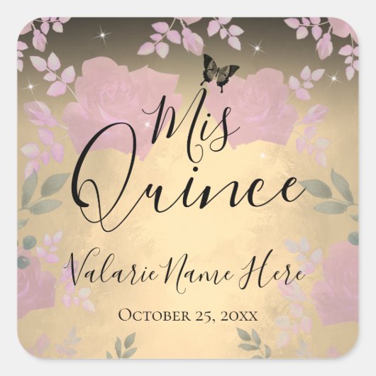 Fancy Rozen Quinceanera Gold Square Sticker (Voorkant)
