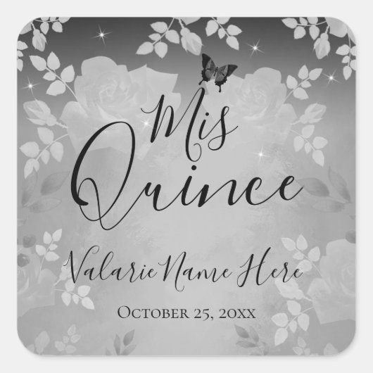 Fancy Rozen Quinceanera Silver Square Sticker (Voorkant)