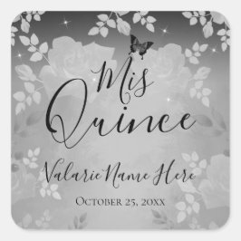 Fancy Rozen Quinceanera Silver Square Sticker