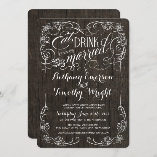 Fancy Rustic Wood Wedding Invitations Kaart (Voorkant / Achterkant)