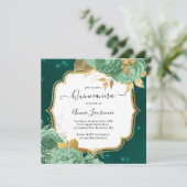 Fancy Salie Groen Goud Bloemen Rozen Quinceanera Kaart (Staand voorkant)