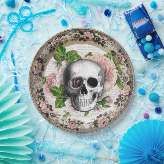 Fancy schedel met Rozen Halloween Papieren Bordje (Feest)