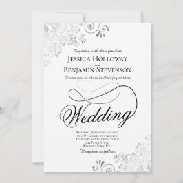 Fancy Schrift met Bloemrijke Zilveren & Witte Huwe Kaart