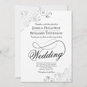 Fancy Schrift met Bloemrijke Zilveren & Witte Huwe Kaart