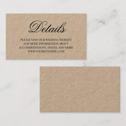 Fancy Script Calligrafie Huwelijksdetails Kraft Visitekaartje (Voorkant / Achterkant)