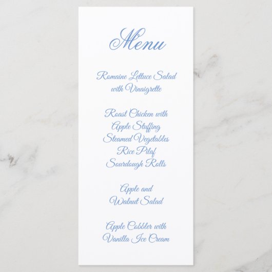 Fancy Script Calligraphy Cornflower Blue Menu (Voorkant)