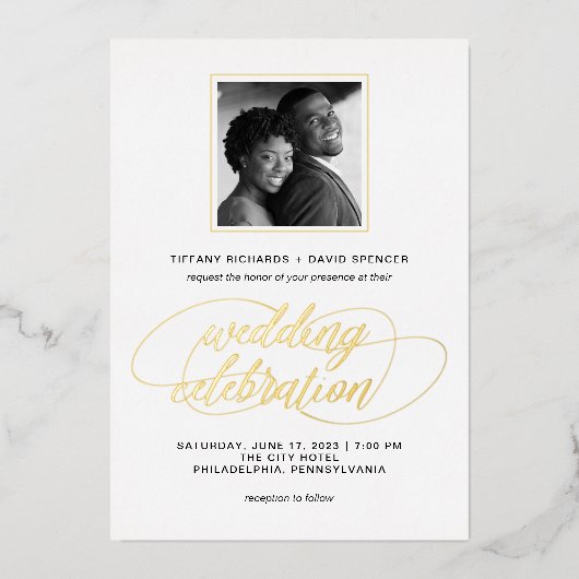 Fancy script en foto's | Weddengeld Folie Uitnodiging (Voorkant)