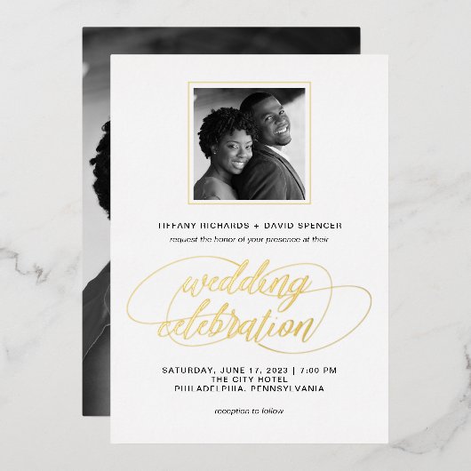 Fancy script en foto's | Weddengeld Folie Uitnodiging (Voorkant / Achterkant)