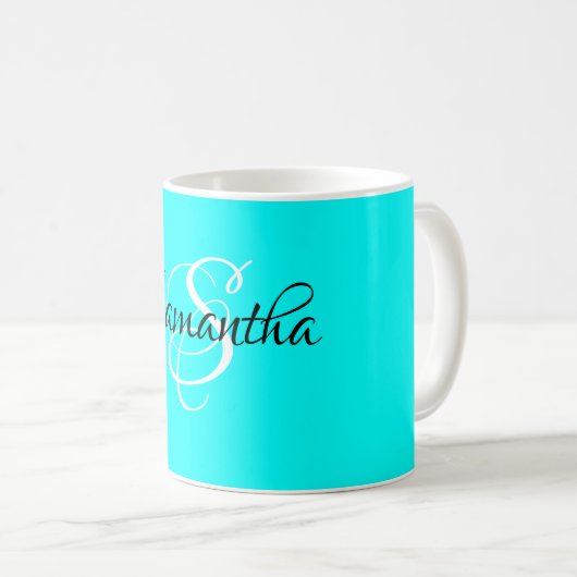 Fancy Script Gepersonaliseerd Aqua Color Monogram  Koffiemok (Voorkant rechts)
