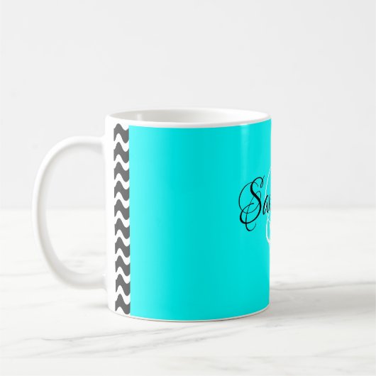 Fancy Script Gepersonaliseerd Aqua Color Monogram  Koffiemok (Links)