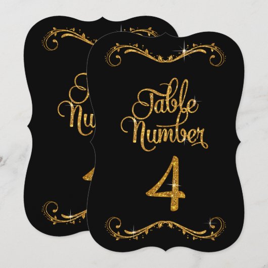 Fancy Script Glitter Tabel nummer 4 Recepties Kaart (Voorkant / Achterkant)