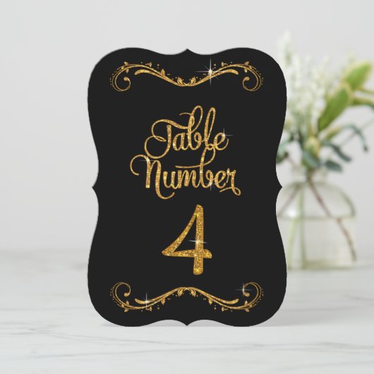 Fancy Script Glitter Tabel nummer 4 Recepties Kaart (Staand voorkant)