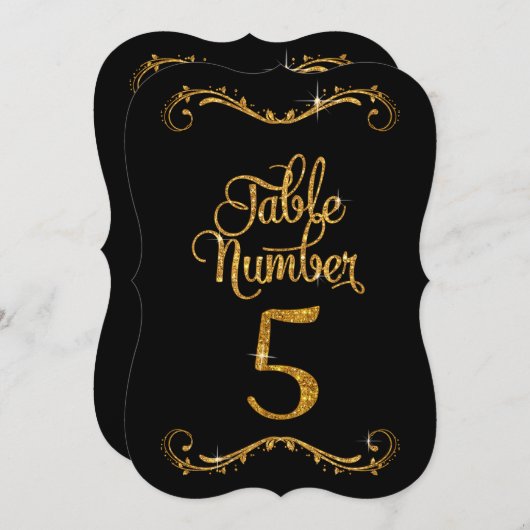 Fancy Script Glitter Tabel nummer 5 Recepties Kaart (Voorkant / Achterkant)