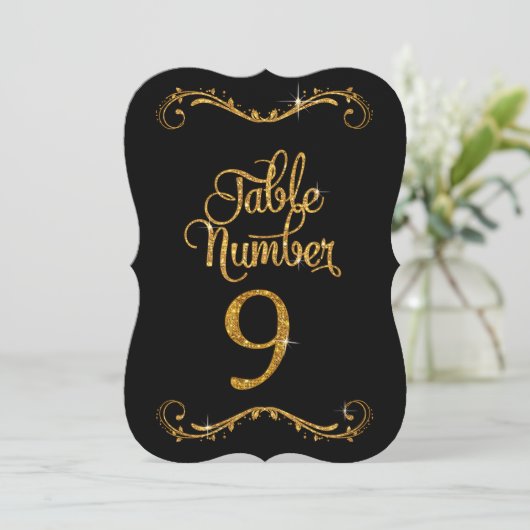 Fancy Script Glitter Tabel nummer 9 Recepties Kaart (Staand voorkant)