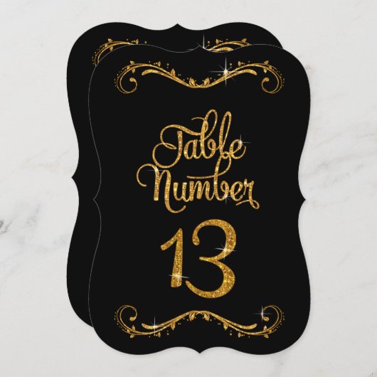 Fancy script Glitter Table Number 13 Recepties Kaart (Voorkant / Achterkant)