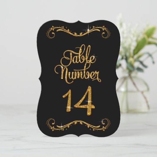 Fancy script Glitter Table Number 14 Recepties Kaart (Staand voorkant)