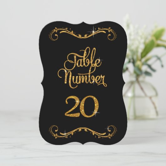 Fancy script Glitter Table Number 20 Receptions Kaart (Staand voorkant)
