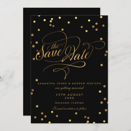 Fancy Script Gouden Confetti Trouw Save The Date (Voorkant / Achterkant)
