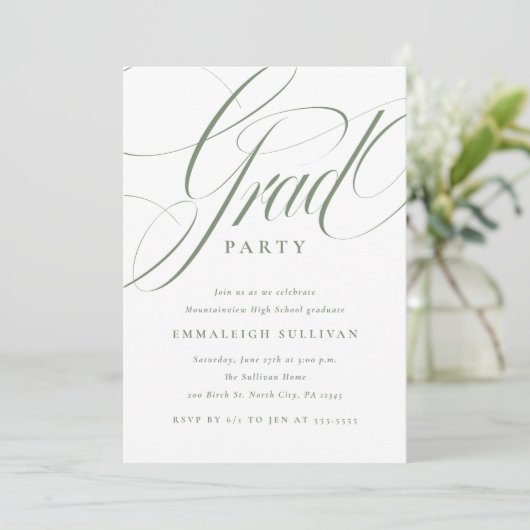 Fancy Script Groene Afstudeerfeest Kaart (Staand voorkant)