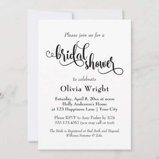 Fancy Script Letters Zwart-Wit Bruiloftsfeest Kaart (Voorkant)