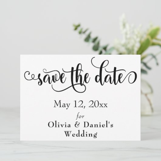 Fancy Script Letters Zwart & Wit Sla de datum op Save The Date (Staand voorkant)