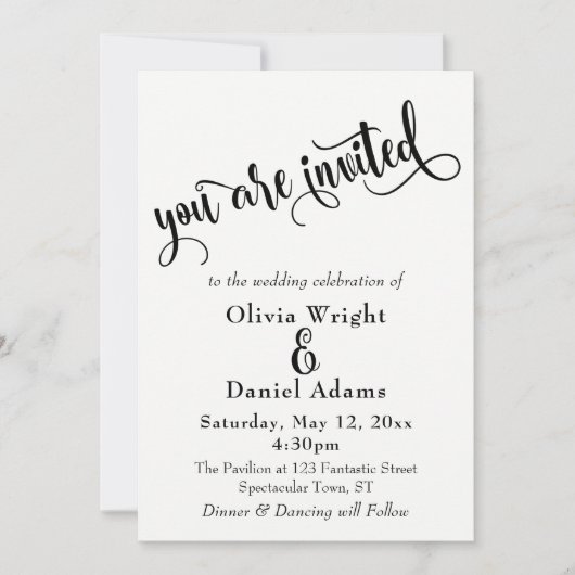 Fancy Script Letters Zwart & Wit Trouwen Kaart (Voorkant)