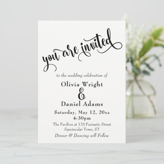 Fancy Script Letters Zwart & Wit Trouwen Kaart (Staand voorkant)