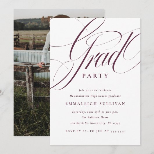 Fancy Script Paarse Afstudeerfeest Kaart (Voorkant / Achterkant)