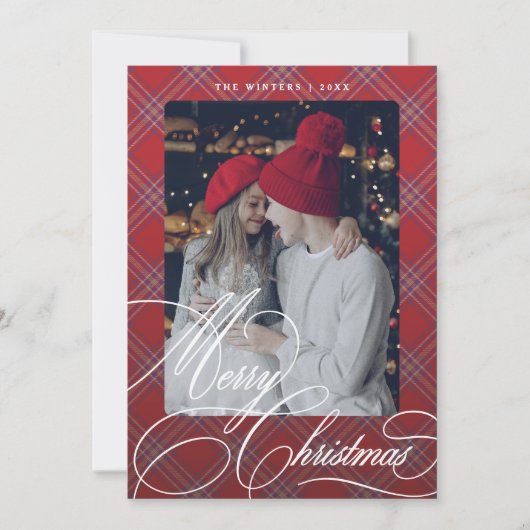 Fancy Script Plaid Custom Kerst Groetekaart Feestdagenkaart (Voorkant)