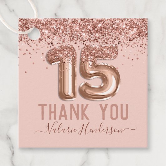 Fancy script roze glitter Happy 15th Birthday Bedankjes Labels (Voorkant)