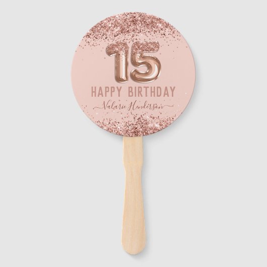 Fancy script roze glitter Happy 15th Birthday Handwaaier (Voorkant)