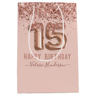 Fancy script roze glitter Happy 15th Birthday Medium Cadeauzakje