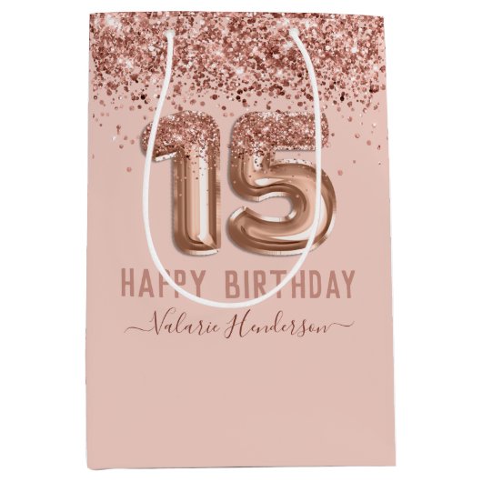 Fancy script roze glitter Happy 15th Birthday Medium Cadeauzakje (Voorkant)