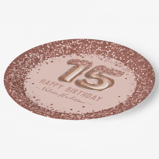 Fancy script roze glitter Happy 15th Birthday Papieren Bordje (Gekanteld)