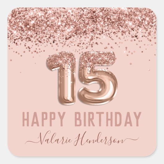Fancy script roze glitter Happy 15th Birthday Vierkante Sticker (Voorkant)
