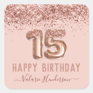 Fancy script roze glitter Happy 15th Birthday Vierkante Sticker