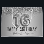 Fancy script roze glitter Happy 16th Birthday Groot Cadeauzakje<br><div class="desc">Meisjes glitter,  zilveren gradiëntachtergrond,  met fancy manuscriptnaam typografie. Zilver 16 ballontekst. Geweldig voor 16 mooie feestjes.</div>