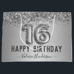 Fancy script roze glitter Happy 16th Birthday Groot Cadeauzakje<br><div class="desc">Meisjes glitter,  zilveren gradiëntachtergrond,  met fancy manuscriptnaam typografie. Zilver 16 ballontekst. Geweldig voor 16 mooie feestjes.</div>