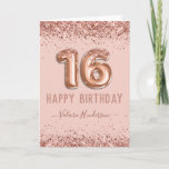 Fancy script roze glitter Happy 16th Birthday Kaart<br><div class="desc">Meisjes glitter,  milleniumroze achtergrond,  met fancy manuscriptnaam typografie. Faux roos gold 16 ballontekst. Geweldig voor 16 mooie feestjes. Leeg binnen zodat kunt u uw eigen verklaring toevoegen.</div>