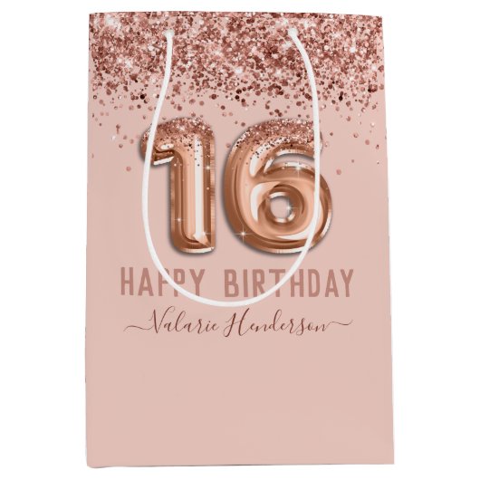 Fancy script roze glitter Happy 16th Birthday Medium Cadeauzakje (Voorkant)
