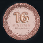 Fancy script roze glitter Happy 16th Birthday Papieren Bordje<br><div class="desc">Meisjes glitter,  milleniumroze achtergrond,  met fancy manuscriptnaam typografie. Faux roos gold 16 ballontekst. Geweldig voor 16 mooie feestjes.</div>