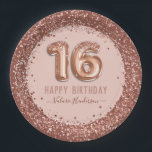 Fancy script roze glitter Happy 16th Birthday Papieren Bordje<br><div class="desc">Meisjes glitter,  milleniumroze achtergrond,  met fancy manuscriptnaam typografie. Faux roos gold 16 ballontekst. Geweldig voor 16 mooie feestjes.</div>