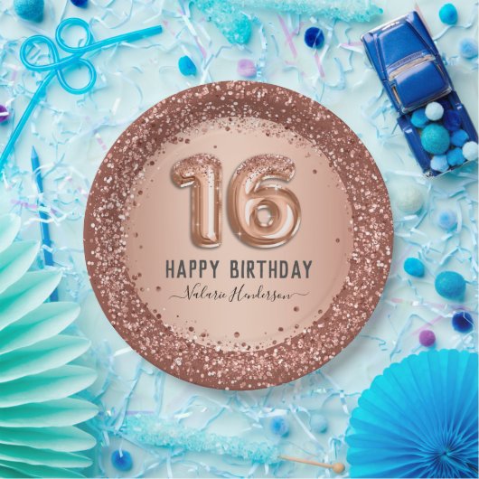 Fancy script roze glitter Happy 16th Birthday Papieren Bordje (Feest)