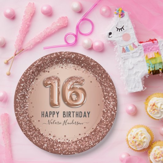Fancy script roze glitter Happy 16th Birthday Papieren Bordje (Feest)