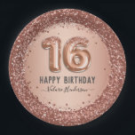 Fancy script roze glitter Happy 16th Birthday Papieren Bordje<br><div class="desc">Meisjes glitter,  milleniumroze achtergrond,  met fancy manuscriptnaam typografie. Faux roos gold 16 ballontekst. Geweldig voor 16 mooie feestjes.</div>