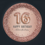 Fancy script roze glitter Happy 16th Birthday Papieren Bordje<br><div class="desc">Meisjes glitter,  milleniumroze achtergrond,  met fancy manuscriptnaam typografie. Faux roos gold 16 ballontekst. Geweldig voor 16 mooie feestjes.</div>